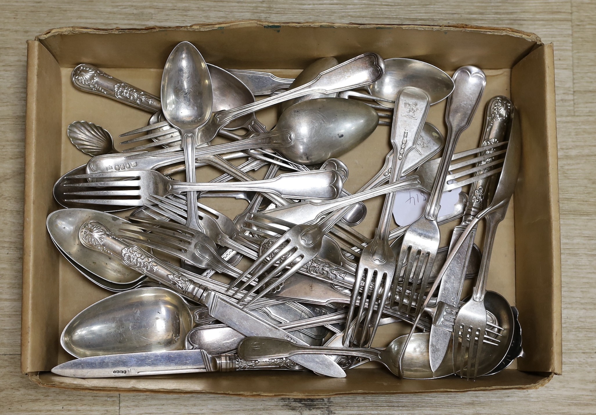 A quantity of assorted mainly 19th century and later silver flatware including ten items of fiddle and thread by Richard Crossley, London, 1801 and a plated teaspoon, weighable silver 72 oz.